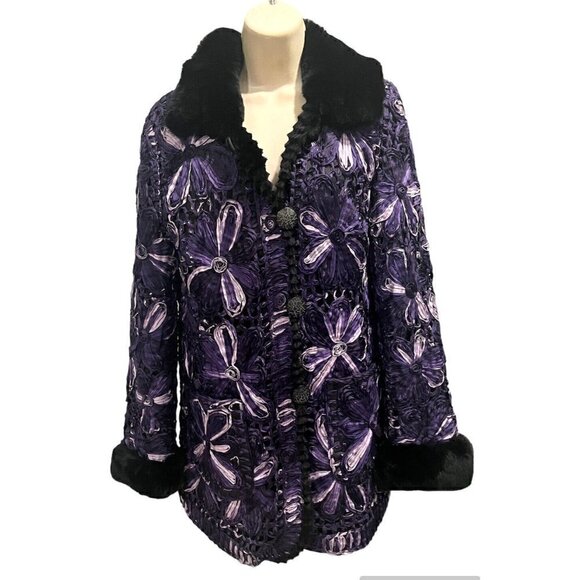 New Tapestry Art Purple Black 100% Silk Rabbit Fur Jacket Coat - Picture 1 of 8